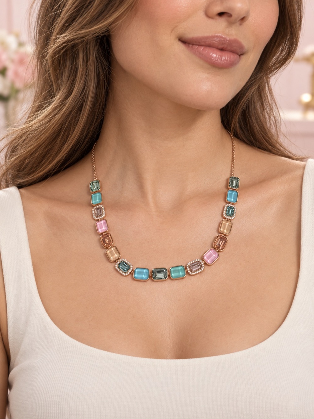Multicolor Gemstone Link Necklace in Pastel Tones